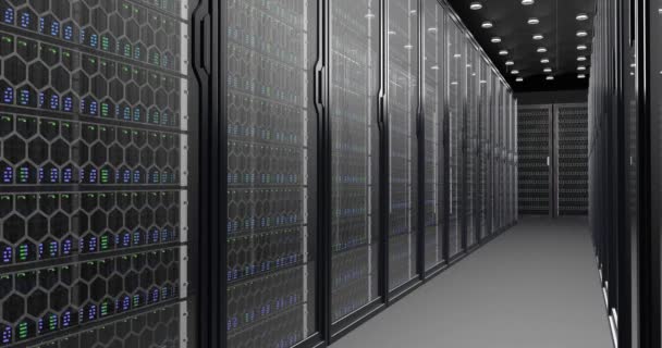 デジタル情報は、データセンターのサーバールームにあるガラスパネルの後ろのネットワークとデータサーバーを介して光ファイバーケーブルを通過します。高速デジタルライン — ストック動画