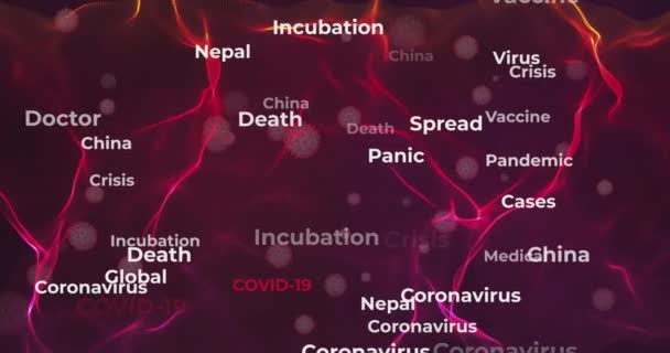 Animation von Text und Schlüsselwörtern zu Covid-19, Coronavirus für medizinische Lehrmaterialien und Nachrichten, roter Hintergrund, Schleife, 4k — Stockvideo