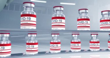 Kırmızı şişeler koronavirüs aşısı COVID-19. İçinde sars-cov-2 aşısı olan cam şişeler. Video düzenleme için pürüzsüz 3d döngü, video düzenleme için döngü, döngü