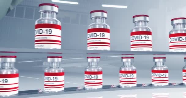 Kırmızı şişeler koronavirüs aşısı COVID-19. İçinde sars-cov-2 aşısı olan cam şişeler. Video düzenleme için pürüzsüz 3d döngü, video düzenleme için döngü, döngü — Stok video