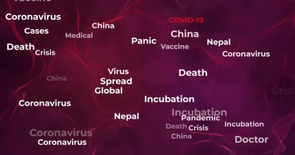 Animace klíčů a textu a slov o pandemii a krizi Covid-19, pro lékařské materiály a střih videa, červené pozadí, smyčka, 4k — Stock video