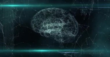 Yapay Zeka Dijital Beyin 'in içinde uçuyor. Düşünme sürecinin yansıması. Gelecekteki teknoloji animasyonu, yapay zeka öğrenme bilgisayar makinesi. 3d hazırlayıcı