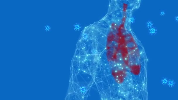 Animazione di movimento sfondo blu di polmoni rossi e coronavirus. Intelligenza artificiale animazione di linee e punti su Covid-19 coronavirus per l'editing medico e video, 4k copia spazio ciclo. — Video Stock