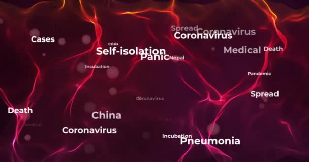 Animation von Schlüsseln und Texten und Wörtern über die Covid-19 Pandemie und Krise, für medizinisches Material und Videobearbeitung, roter Hintergrund, Schleife, 4k — Stockvideo