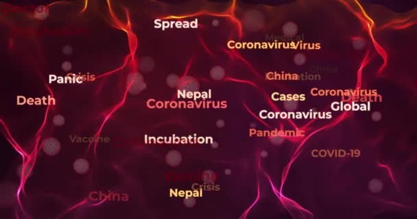 Animazione di testi e parole chiave sulla pandemia e la crisi di Covid-19, per materiale medico e montaggio video, sfondo rosso, loop, 4k — Video Stock