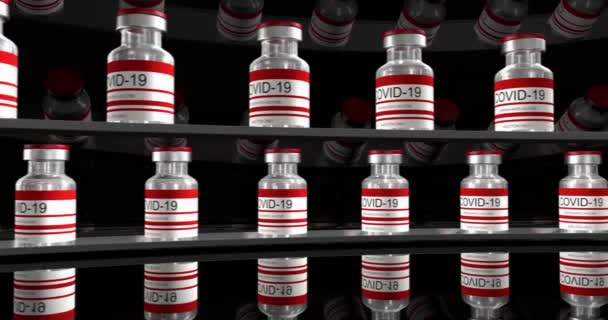 赤いボトルコロナウイルスワクチンCOVID-19.sars-cov-2ワクチンを用いたガラス製バイアル。ビデオ編集用のシームレスなループ3Dレンダリング、ビデオ編集用のループ、ループ — ストック動画