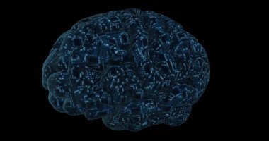 Devre kartı ve işlemciyle kaplı üç boyutlu dijital beyin. Dijital sinir ağı. Beyin enerjisi atımı 3 boyutlu görüntüleme, 3 boyutlu resimleme