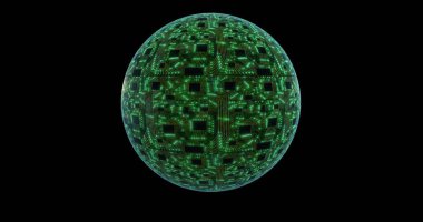 3D dijital konsept, devre kartı ve işlemcisi olan küre gezegeni. Dijital sinir ağı. İşlemci güç dalgalanması 3B görüntüleme, 3B