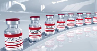 Şişe koronavirüs aşısı COVID-19. İçinde sars-cov-2 aşısı olan cam şişeler. Video düzenleme için pürüzsüz 3d döngü oluşturucu... yüksek kaliteli resim.
