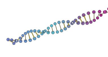 Montaj ve tıbbi eğitim için beyaz arkaplandaki üç boyutlu döndürme animasyonunda DNA analizinin renkli görselleştirilmesi. Yüksek kaliteli resim.
