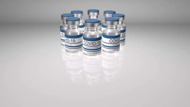 Botellas vacuna contra el coronavirus COVID-19. Viales de vidrio con vacuna sars-cov-2. renderizado en 3D de bucle sin costura para edición de vídeo, bucle para edición de vídeo, bucle — Vídeos de Stock