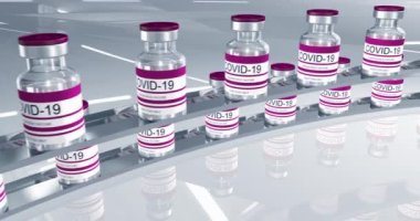 Kırmızı şişeler koronavirüs aşısı COVID-19. İçinde sars-cov-2 aşısı olan cam şişeler. Video düzenleme için pürüzsüz 3d döngü, video düzenleme için döngü, döngü