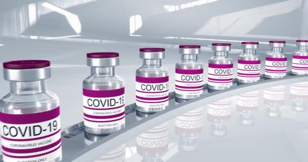 赤いボトルコロナウイルスワクチンCOVID-19.sars-cov-2ワクチンを用いたガラス製バイアル。ビデオ編集用のシームレスなループ3Dレンダリング、ビデオ編集用のループ、ループ — ストック動画