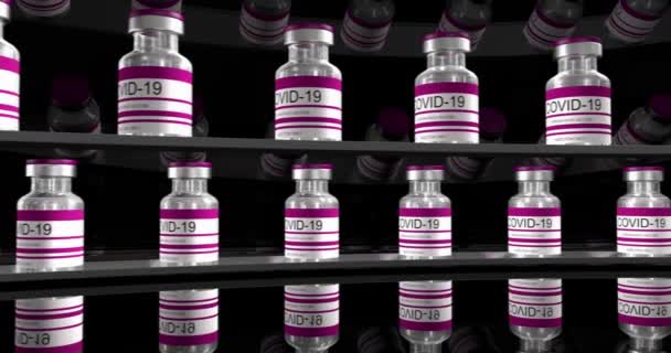 Czerwone butelki szczepionki koronawirusowej COVID-19. Szklane fiolki ze szczepionką sars-cov-2. bezproblemowe renderowanie pętli 3d do edycji wideo, pętli do edycji wideo, pętli — Wideo stockowe
