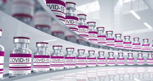 赤いボトルコロナウイルスワクチンCOVID-19.sars-cov-2ワクチンを用いたガラス製バイアル。ビデオ編集用のシームレスなループ3Dレンダリング、ビデオ編集用のループ、ループ — ストック動画