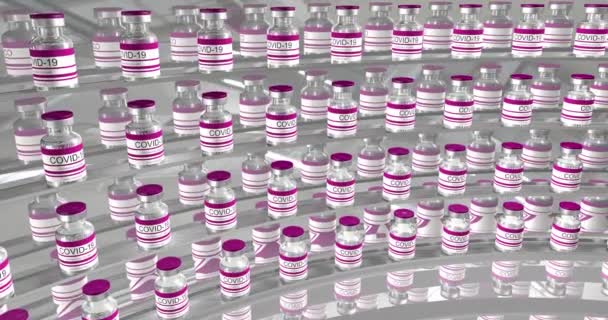 Kırmızı şişeler koronavirüs aşısı COVID-19. İçinde sars-cov-2 aşısı olan cam şişeler. Video düzenleme için pürüzsüz 3d döngü, video düzenleme için döngü, döngü — Stok video