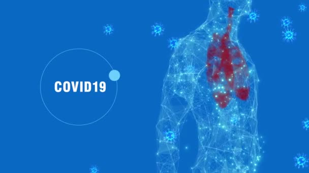 Animación del movimiento de fondo azul de los pulmones rojos y coronavirus. Animación de líneas y puntos AI sobre Covid-19 coronavirus para edición médica y de vídeo, bucle de espacio de copia 4k. — Vídeo de stock