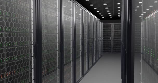 Sala server nel moderno data center. Cloud computing storage dati rendering 3d. Rack passerella di rete e server di informazione dietro pannelli di vetro. Indicatori di luce lampeggiante. — Video Stock