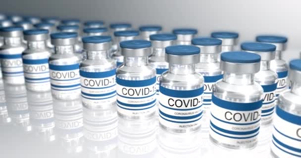Botellas azules vacuna contra el coronavirus COVID-19. Viales de vidrio con vacuna sars-cov-2. renderizado en 3D de bucle sin costura para edición de vídeo, bucle para edición de vídeo, bucle — Vídeos de Stock
