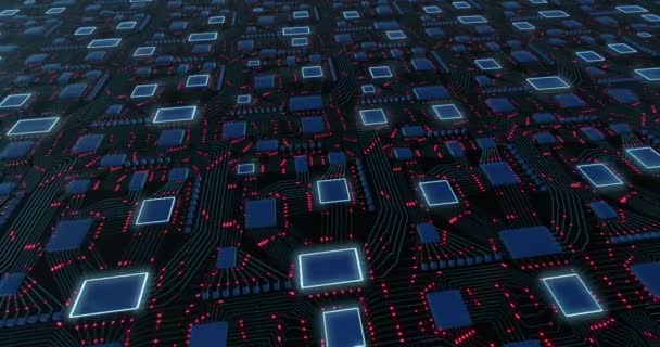 Esquema de placa base futurista azul y rojo abstracto 4K con luces de neón pulsantes. Animación conceptual de ciencia ficción. — Vídeo de stock
