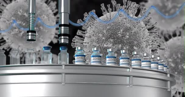 SARS-COV-2 COVID-19 Toplu Coronavirus aşısı üretimi, bir makine aşıyı dolduruyor, ilaç laboratuarında bir ilaç taşıyıcı bant boyunca ilerleyen ampullere şişe kapakları yerleştiriyor. — Stok video