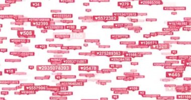 Sosyal medyadan hoşlananların 3 boyutlu animasyonu ve takipçilerin kırmızı sayaçların düşüşü, hızla yükseliyor ve alfa mat ile siyah arka planda rastgele hareket ediyor. Ön görünüm, döngü.