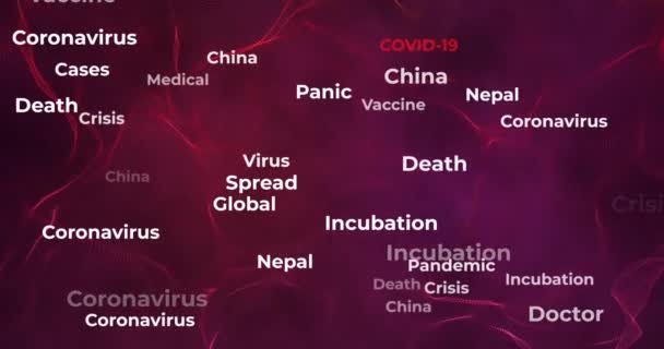 Animatie van sleutel en tekst en woorden over de Covid-19 pandemie en crisis, voor medisch materiaal en videobewerking, rode achtergrond, loop, 4k — Stockvideo