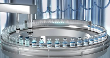 SARS-COV-2 COVID-19 toplu Coronavirus aşısı üretimi, bir makine aşıyı dolduruyor, ilaç laboratuarındaki ampullere şişe kapakları yerleştiriyor. Yüksek kaliteli resim