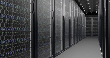 Dijital bilgi fiber optik kablolar aracılığıyla ağ boyunca seyahat eder ve veri merkezinin sunucu odasındaki cam panellerin arkasındaki veri sunucuları aracılığıyla. Yüksek hızlı dijital hatlar. Yüksek kaliteli resim