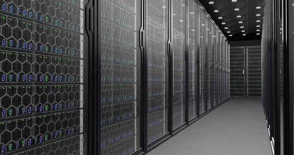Dijital bilgi fiber optik kablolar aracılığıyla ağ boyunca seyahat eder ve veri merkezinin sunucu odasındaki cam panellerin arkasındaki veri sunucuları aracılığıyla. Yüksek hızlı dijital hatlar. Yüksek kaliteli resim