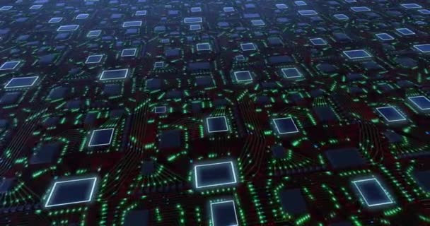 緑の脈動ネオンと4K赤抽象的な未来的なマザーボード回路図。概念的なSFアニメーション. — ストック動画