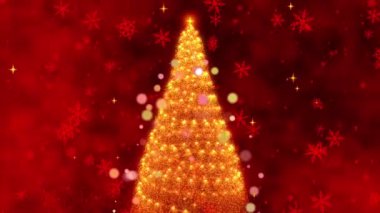 Kıvılcımlı Kar Taneleri ile çevrili Parıldayan Noel Ağacı 'nın Canlı Kırmızı Arkaplan Karşısındaki Festivalsel Döngü Animasyonu. Yüksek kalite 4k görüntü