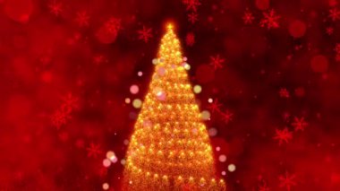 Kıvılcımlı Kar Taneleriyle çevrili Güzel Noel Ağacı 'nın Canlı Kırmızı Arkaplan Karşısındaki Şenlikli Döngü Animasyonu. Yüksek kalite 4k görüntü
