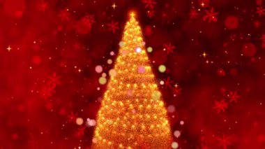 Büyüleyici bir animasyon döngüsünde ışıldayan kar taneleri ve yıldızlı ışıklarla geliştirilmiş ışıltılı bir Noel Ağacı 'na Karşı Parıltılı Bir Noel Ağacı Gösterisi. Yüksek kalite 4k görüntü