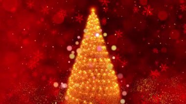 Işıltılı bir Noel Ağacı 'nın Büyüleyici Döngüsü Kıvılcımlı Kar Taneleriyle Dolu Kırmızı Arkaplanına Karşı Ortaya Çıktı. Yüksek kalite 4k görüntü