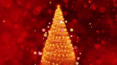 Büyülü Dönüşüm: Twinkling Lights 'tan, Festive Red Wonderland' deki Lezzetli Kar Taneleri ve Parıldayan Yıldızlarla çevrili Parlak Noel Ağacı 'na. Yüksek kalite 4k görüntü