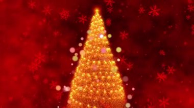 Göz kamaştırıcı bir Noel Ağacı Gösterisiyle Parlayan Kar Taneleri ile Ilık Kırmızı Arkaplan Karşısındaki Parıltılı Işıklar Altında. Yüksek kalite 4k görüntü