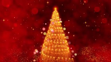 Büyülü bir Noel Kutlaması Açılır: Parlayan Işıklar ve Parıldayan Yıldızlar Güzel Süsleilmiş Bir Ağacı Şenlikli Kırmızı Arkaplana Karşı Aydınlatır. Yüksek kalite 4k görüntü