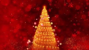 Bir Sihirli Tatil Sahnesi Açılır: Kar Taneleri ve Parıldayan Işıklar ile çevrili Aydınlanmış Noel Ağacı Bir Döngü Animasyonunda Zengin Kırmızı Arkaplan Karşısında. Yüksek kalite 4k görüntü