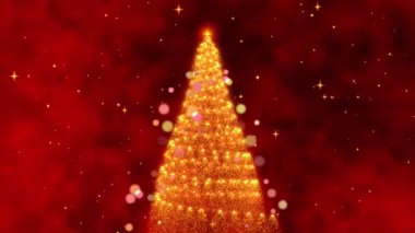 Işıltılı Animasyon İçinde Şenlikli Bir Yolculuk, Yıldızların Büyülü Dönüşümünü Canlı Kırmızı Arkaplan 'a Karşı Büyüleyici Bir Noel Ağacına Göstermek. Yüksek kalite 4k görüntü