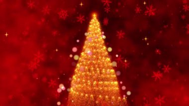 Kıvılcımlı bir Noel Ağacı ile çevrili Büyüleyici Bayram Animasyonu. Kıvılcımlı Kar Taneleri ve Zengin Kırmızı Arkaplan Karşısında Neşeli Yıldızlar. Yüksek kalite 4k görüntü