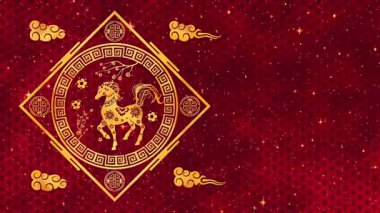 Süslü Bulutlar ve Çiçek Örnekleri ile çevrili Kırmızı ve Altın Elementlerle Çin Yeni Yılı 'nı kutlayın. Yüksek kalite 4k görüntü