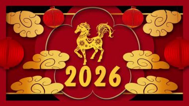 2026 yılının şenlikli kırmızı ve altın renkli yılbaşı animasyonu. Zodyak atı, fener ve kağıt kesiği bulutları, zarif kültürel tatil geçmişi, kusursuz bir döngü. Yüksek kalite 4k görüntü