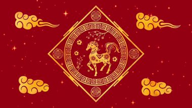 Geleneksel Semboller ve Festivalsel Renklerle çevrili Zarif Bir At içeren Bu Güzel Animasyon Döngüsü ile Atların Yeni Yılı 'nı kutlayın. Yüksek kalite 4k görüntü