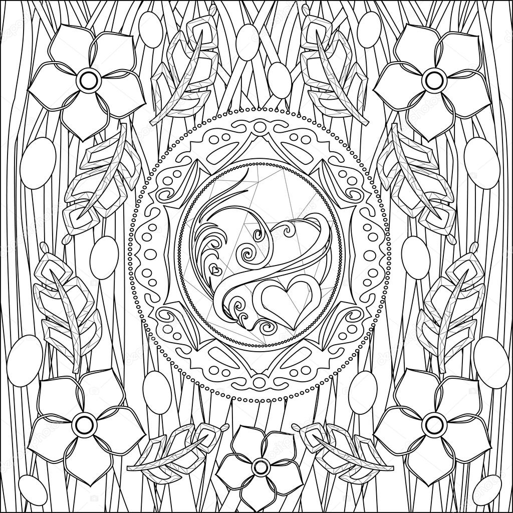 coloring pages for adults picture, love and flower, black and white