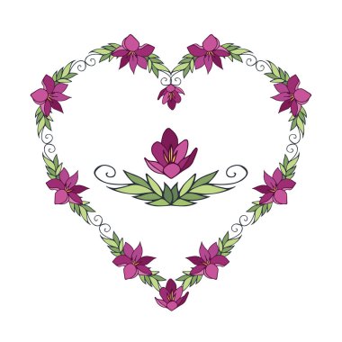 Çiçeklerin kalbi. Sevgililer günü, tatil kartı ilanı, düğün tebrikleri için çerçeve, aşk ilanı, davetiye, kutlama. Pembe, yeşil bir resim. Tasarım için kullanması kolay. eps10