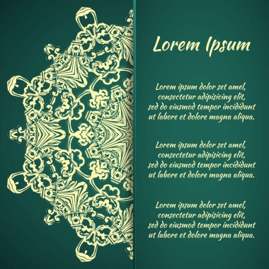 Broşür, düğün için tebrik kartı, Sevgililer Günü için çerçeve, doğum günü, davetiye, minnettarlık, kutlama, aşk ilanı. Mandala desenli vektör yeşil arka plan. eps10