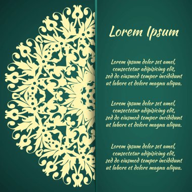 Broşür, düğün için tebrik kartı, Sevgililer Günü için çerçeve, doğum günü, davetiye, minnettarlık, kutlama, aşk ilanı. Mandala desenli vektör yeşil arka plan. eps10