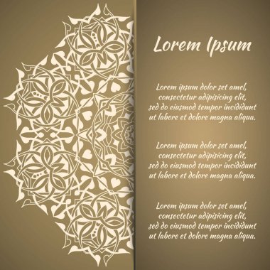 Kartpostal ilanı, düğün için tebrik çerçevesi Sevgililer Günü, doğum günü, davetiye, minnettarlık, kutlama, aşk ilanı. Mandala çizimi olan vektör altın sarısı arka plan. eps10