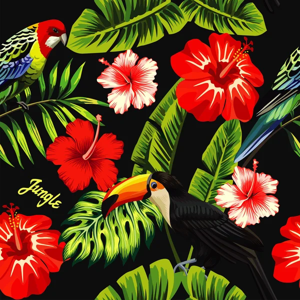 Hibiscus papegaai toucan bananenblad — Stockvector